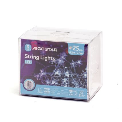 Aigostar - LED buiten kerstsnoer 25xLED/8 functies 3xAA 2,5 m IP44 koud wit