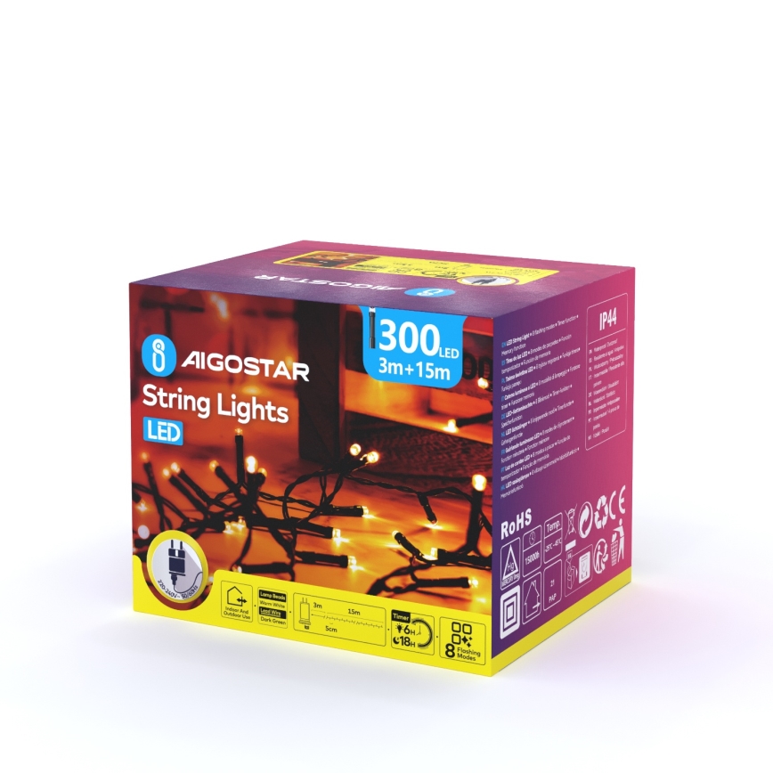 Aigostar - LED Buiten Kerstverlichting 300xLED/8 functies 18m IP44 warm wit