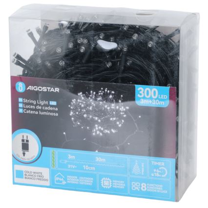 Aigostar - LED buiten kerstsnoer 300xLED/8 functies 30m IP44 koud wit