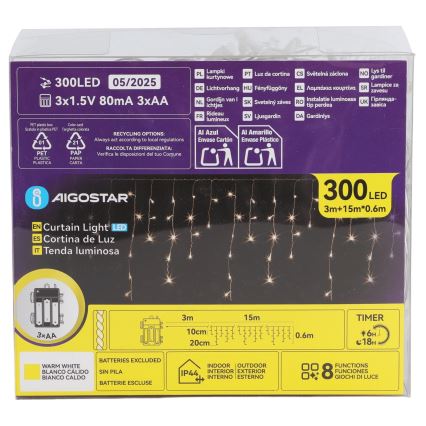 Aigostar - LED kerstverlichting voor buiten 300xLED/8 functies 3xAA 18x0,6 m IP44 warm wit