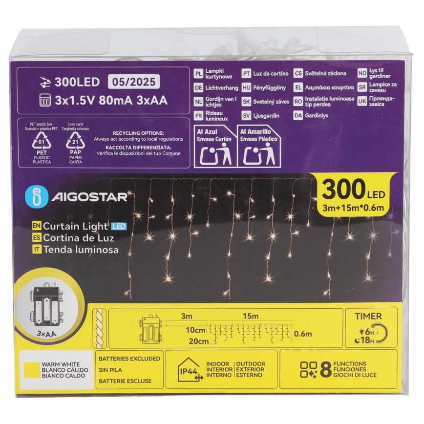 Aigostar - LED kerstverlichting voor buiten 300xLED/8 functies 3xAA 18x0,6 m IP44 warm wit