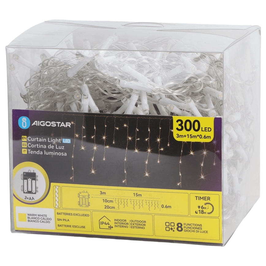 Aigostar - LED kerstverlichting voor buiten 300xLED/8 functies 3xAA 18x0,6 m IP44 warm wit