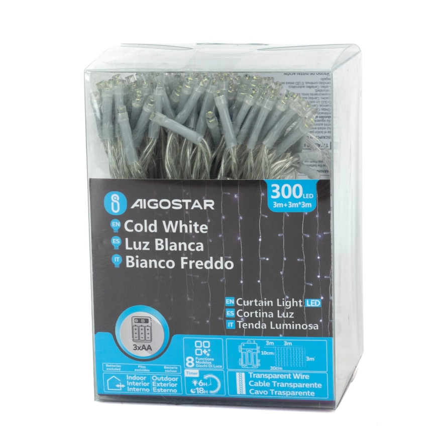 Aigostar - LED buiten kerstverlichting 300xLED/8 functies 3xAA 6x2m IP44 koud wit