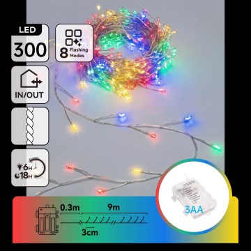 Aigostar - LED Buiten kerstverlichting 300xLED/8 functies 3xAA 9,3m IP44 meerkleurig