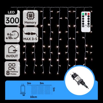 Aigostar - LED buiten kerstverlichting 300×LED/8 functies 3×1 m IP44 koud wit + afstandsbediening