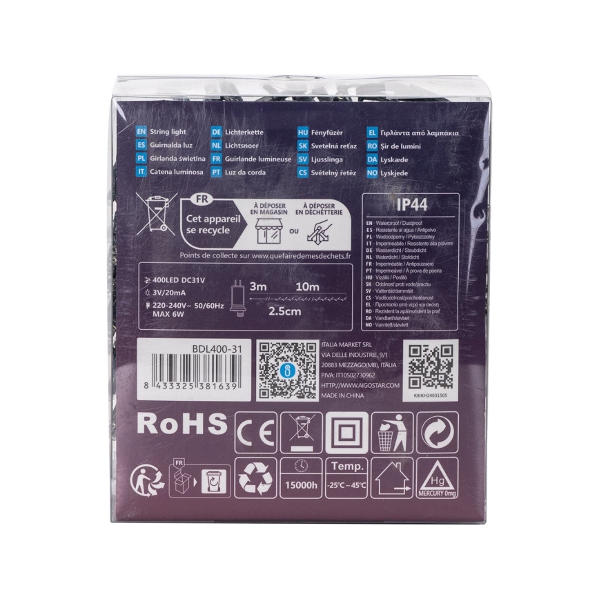 Aigostar - LED buiten kerstverlichting 400 LED / 8 functies, 13 m, IP44, koud wit