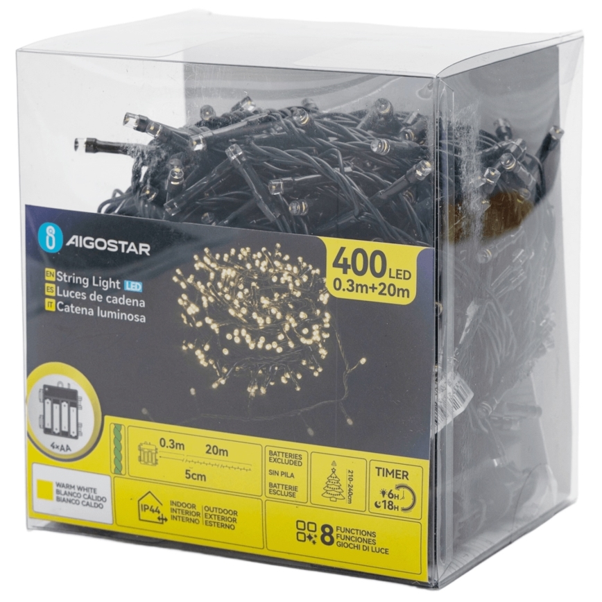 Aigostar - LED buiten kerstsnoer 400xLED/8 functies 4xAA 20,3 m IP44 warm wit