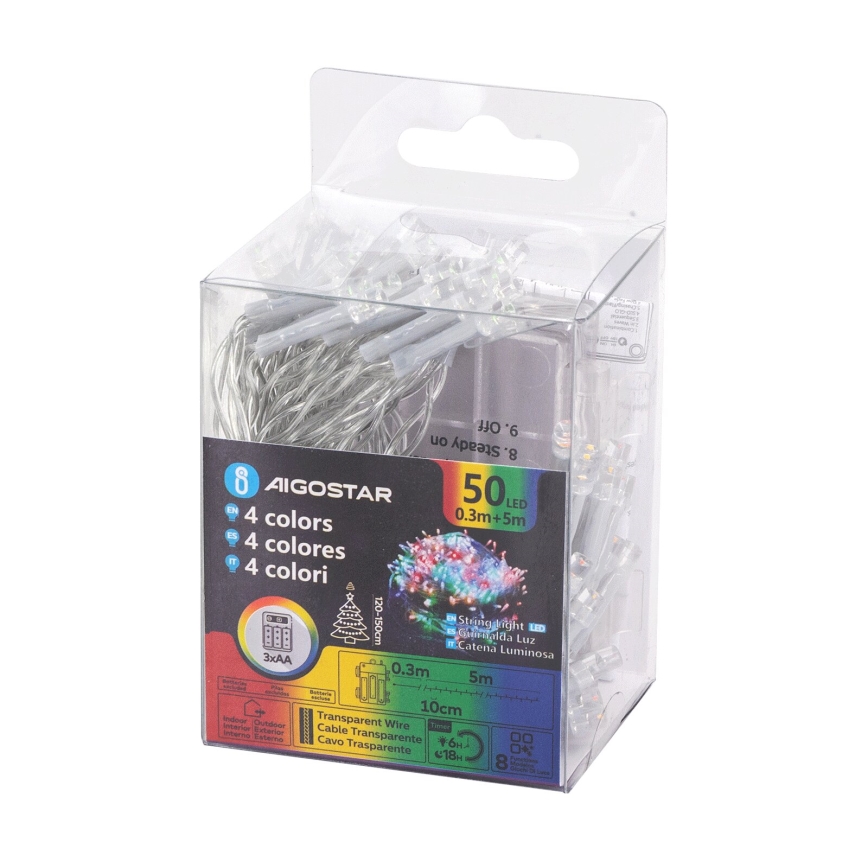 Aigostar - LED buiten kerstverlichting 50xLED/8 functies 3xAA 5,3m IP44 meerkleurig