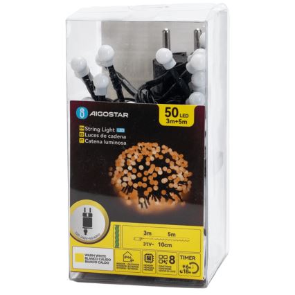 Aigostar - LED buiten kerstverlichting 50xLED/8 functies 8m IP44 warm wit