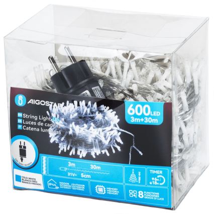 Aigostar - LED buiten kerstverlichting 600xLED/8 functies 33m IP44 koud wit
