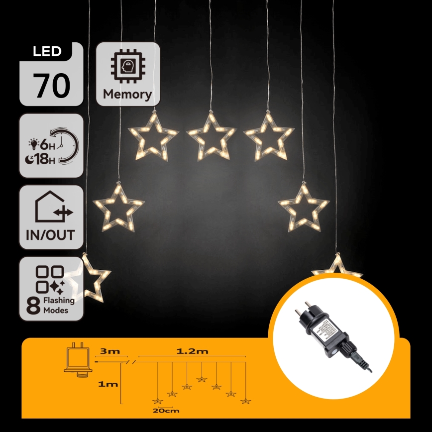 Aigostar - LED buiten kerstverlichting 70xLED 1,2x1m IP44 warm wit sterren