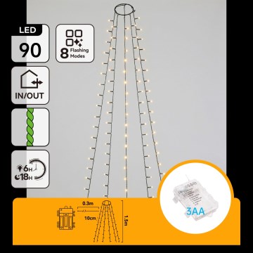 Aigostar - LED buiten kerstverlichting 90xLED/8 functies 3xAA 1,5m IP44 warmwit