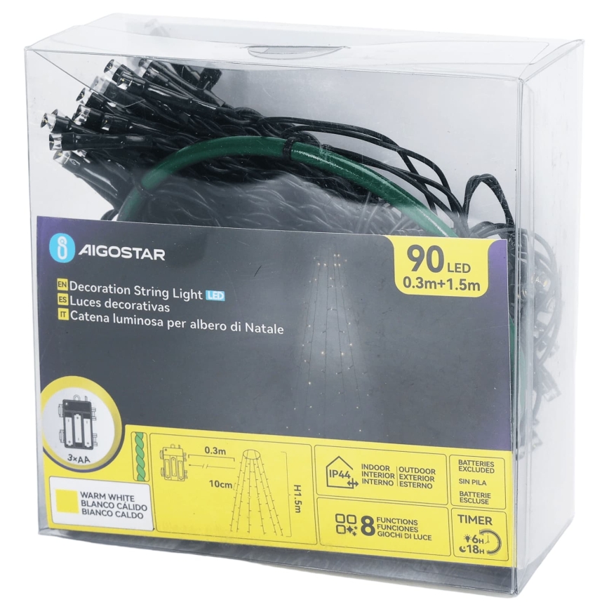 Aigostar - LED buiten kerstverlichting 90xLED/8 functies 3xAA 1,5m IP44 warmwit