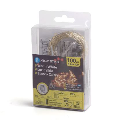 Aigostar -LED Buiten  snoer 100xLED/8 functies 3xAA 10,3m IP44 warm wit