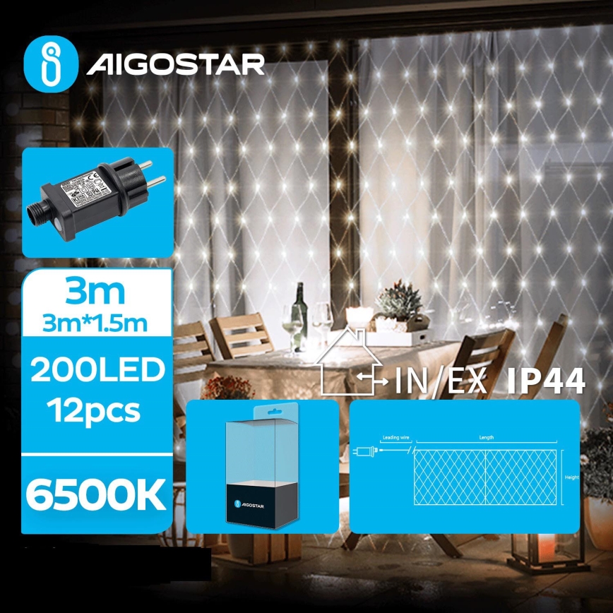 Aigostar - LED buitenkerstsnoer 200x LED / 8 functies 6 x 1,5 m IP44 koelwit