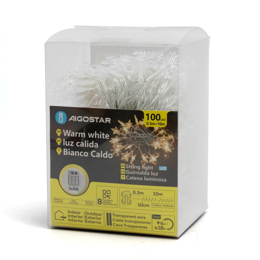 Aigostar - LED buitenlichtsnoer 25xLED/8 functies 3xAA 2,5m IP44 warm wit sterren