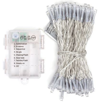Aigostar - LED-buitenlichtsnoer, 100 LED / 8 functies, 3×AA, 10,3 m, IP44, warm wit