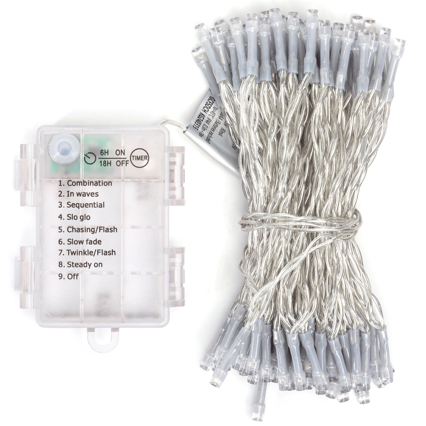 Aigostar - LED-buitenlichtsnoer, 100 LED / 8 functies, 3×AA, 10,3 m, IP44, warm wit