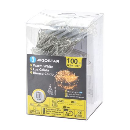Aigostar - LED-buitenlichtsnoer, 100 LED / 8 functies, 3×AA, 10,3 m, IP44, warm wit