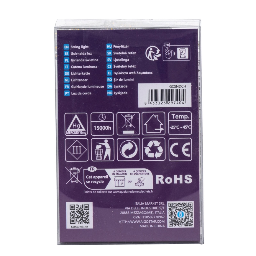 Aigostar - LED-buitenlichtsnoer, 100 LED / 8 functies, 3×AA, 10,3 m, IP44, warm wit