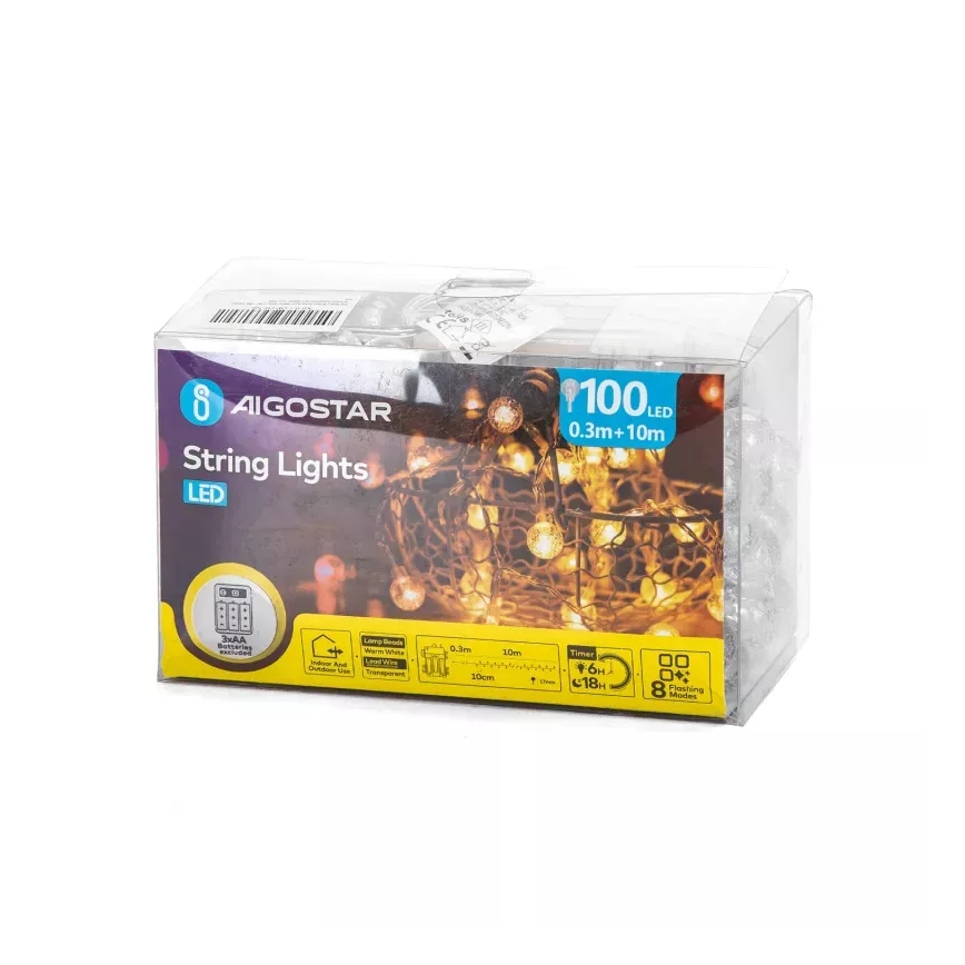 Aigostar - LED kerstverlichting voor buiten 100xLED/3xAA/8 functies 10,3 m IP44 warm wit
