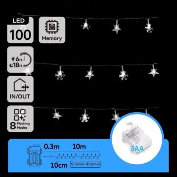 Aigostar - LED-buitenlichtsnoer 100xLED/8 functies 3xAA 10 m IP44 koelwit