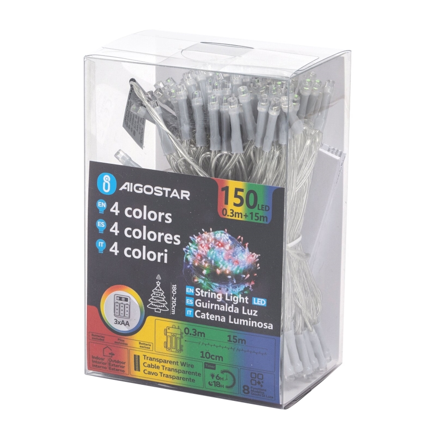Aigostar -LED buitenlichtsnoer 150xLED/8 functies 3xAA 15,3m IP44 meerkleurig