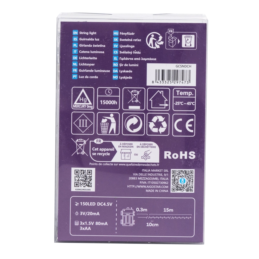 Aigostar -LED buitenlichtsnoer 150xLED/8 functies 3xAA 15,3m IP44 meerkleurig