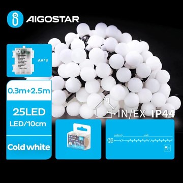 Aigostar - LED buitenlichtsnoer 25xLED/3xAA/8 functies 2,8 m IP44 koel wit