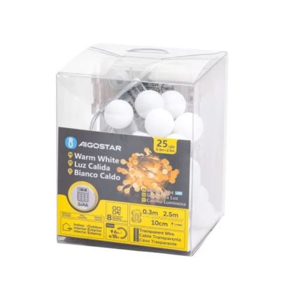 Aigostar-LED Buitenlichtsnoer 25xLED/3xAA/8 functies 2,8 m IP44 warm wit