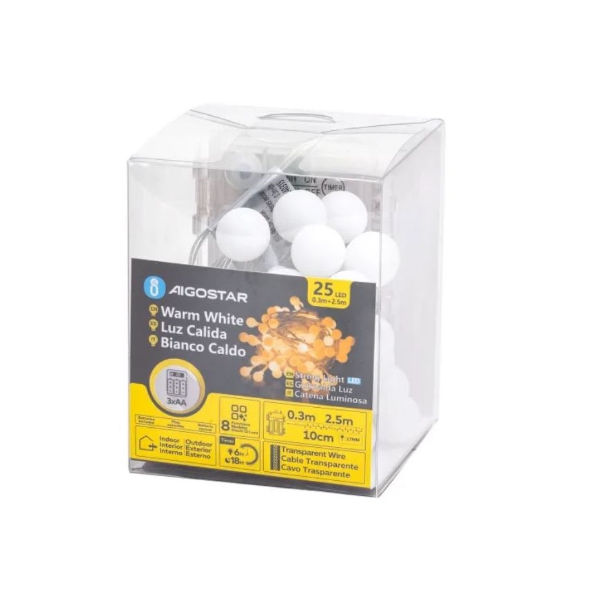 Aigostar-LED Buitenlichtsnoer 25xLED/3xAA/8 functies 2,8 m IP44 warm wit