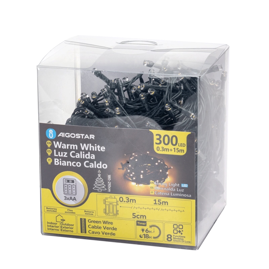 Aigostar-LED Buitenlichtsnoer 300xLED/8 functies 3xAA 15,3m IP44 warm wit