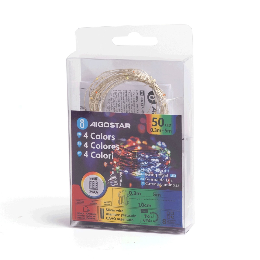 Aigostar - LED-buitenlichtsnoer, 50x LED, 8 functies, 3x AA, 5,3 m, IP44, meerkleurig