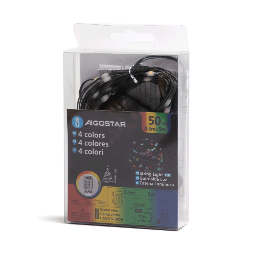 Aigostar - LED buitenlichtsnoer 50xLED/8 functies 3xAA 5,3m IP44 meerkleurig