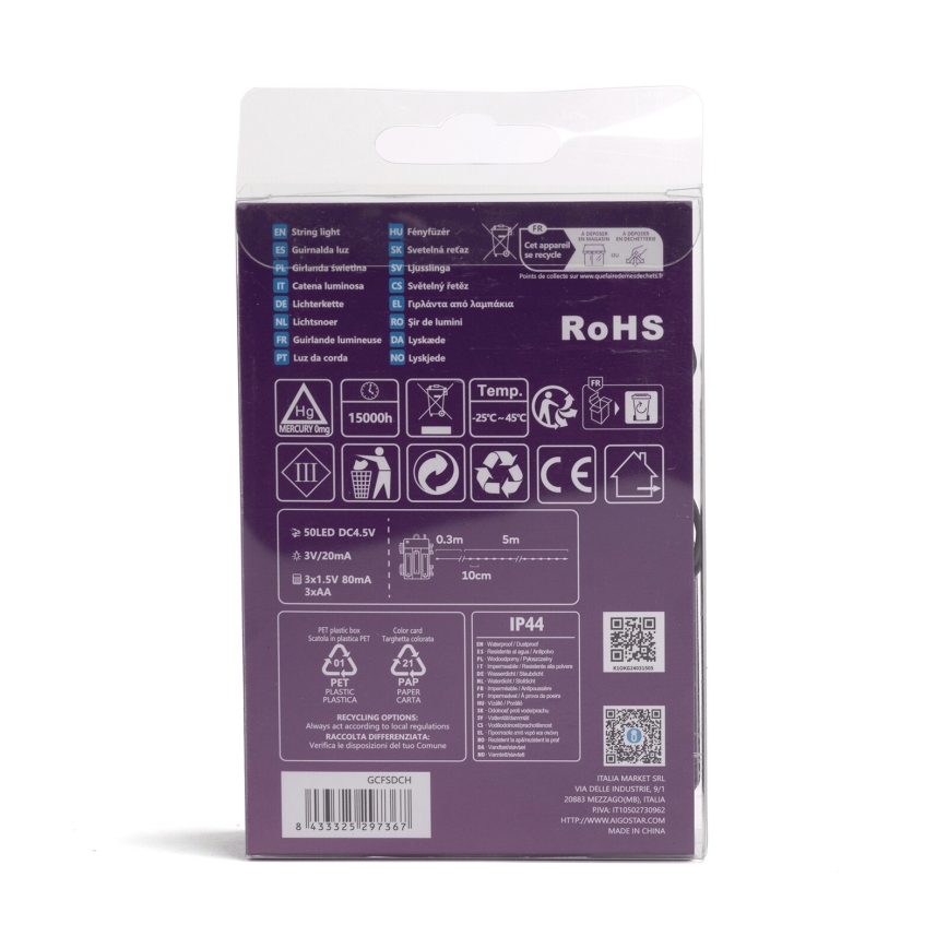 Aigostar - LED buitenlichtsnoer 50xLED/8 functies 3xAA 5,3m IP44 meerkleurig