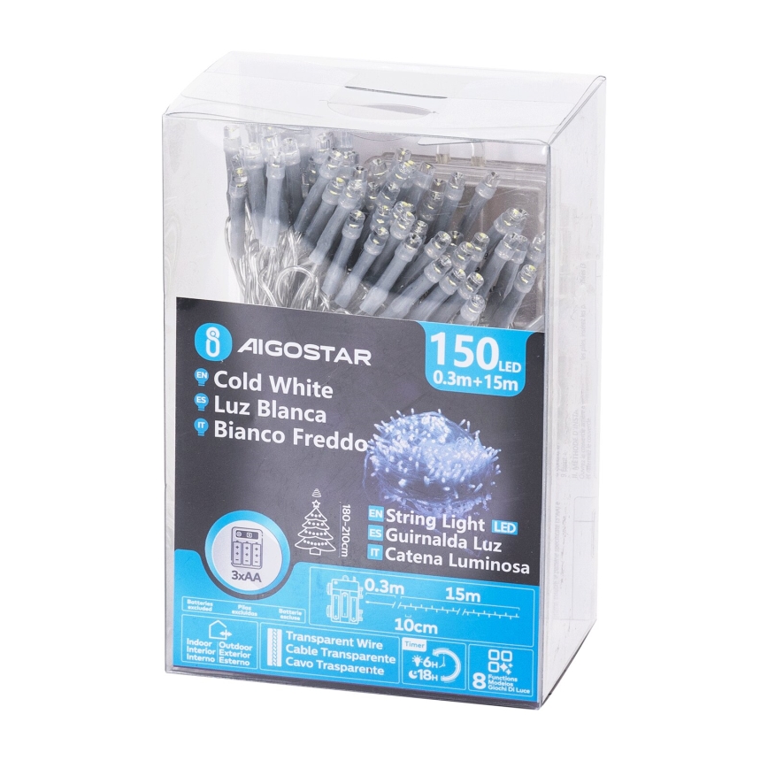 Aigostar - LED buitensnoer 150xLED/8 functies 15,3m IP44 koel wit
