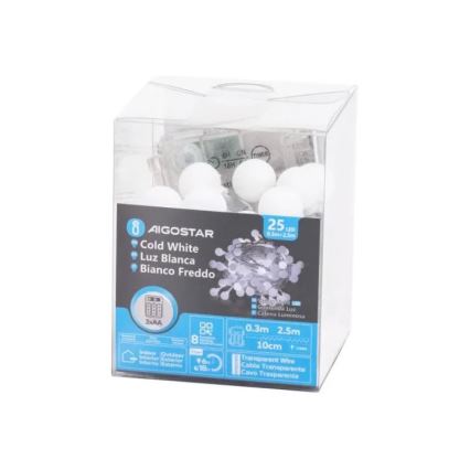 Aigostar - LED buitenlichtsnoer 25xLED/3xAA/8 functies 2,8 m IP44 koel wit