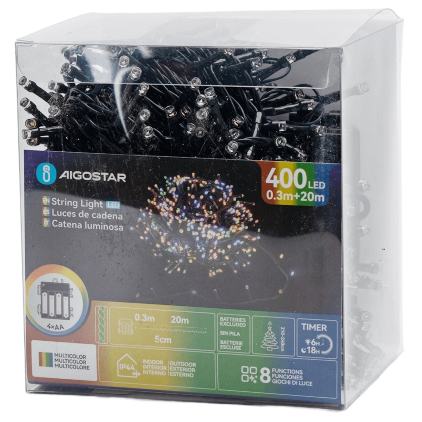 Aigostar - LED-buitensnoer 400xLED/8 functies 4xAA 20,3 m IP44 meerkleurig