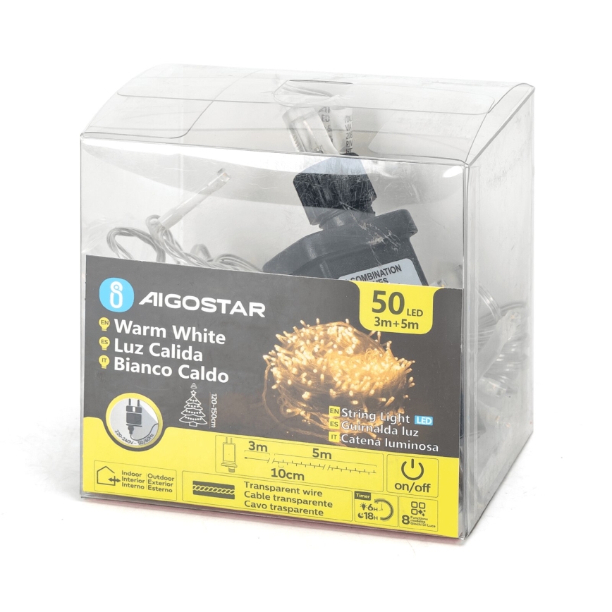 Aigostar - LED buitensnoer 50xLED/8 functies 8 m IP44 warm wit