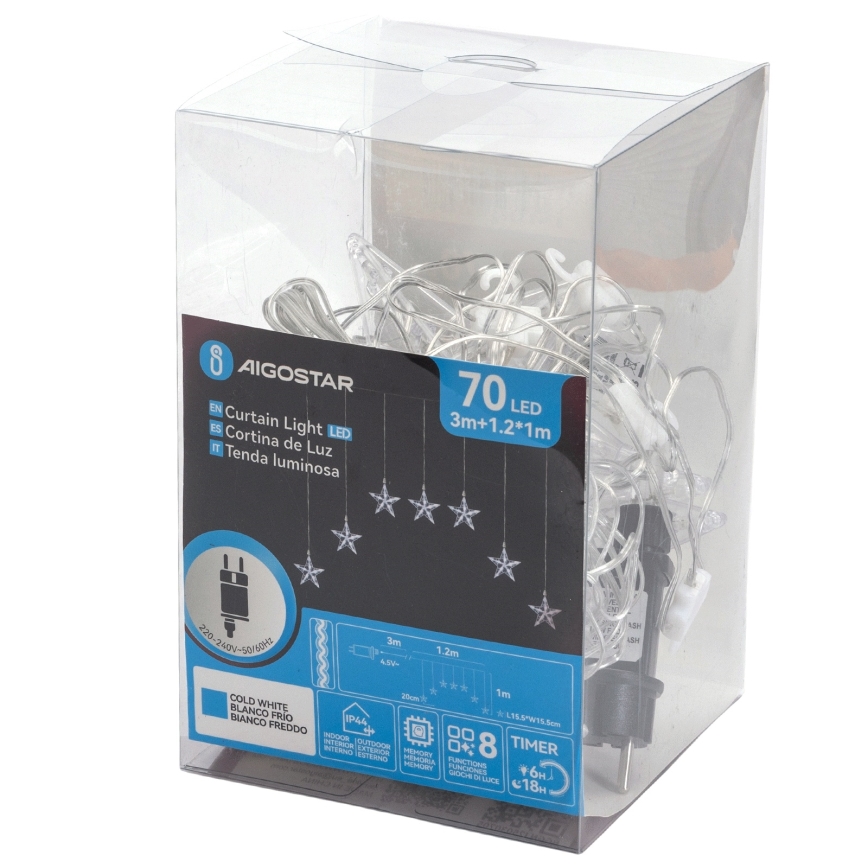 Aigostar - LED-lichtsnoer voor buiten, 70 LEDs, 1,2 x 1 m, IP44, koelwit, met stervormige lampjes