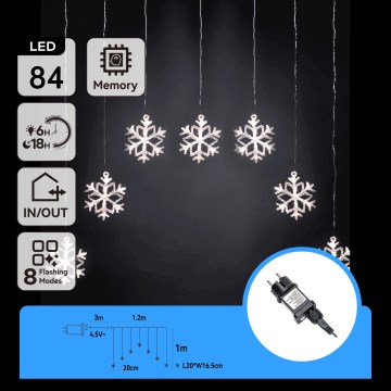 Aigostar - LED buitensnoer voor kerst 84xLED/8 functies 1,2x1m IP44 koel wit sneeuwvlokjes