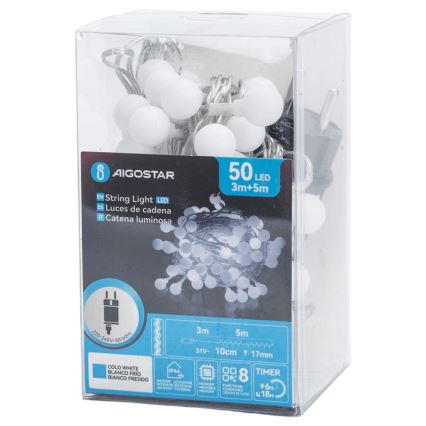 Aigostar - LED-lichtsnoer voor buiten, 50 LED, 8 functies, 5 m, IP44, koud wit