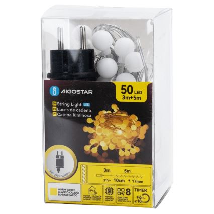 Aigostar - LED buiten decoratieve lichtsnoer 50xLED/8 functies 5 m IP44 warm wit