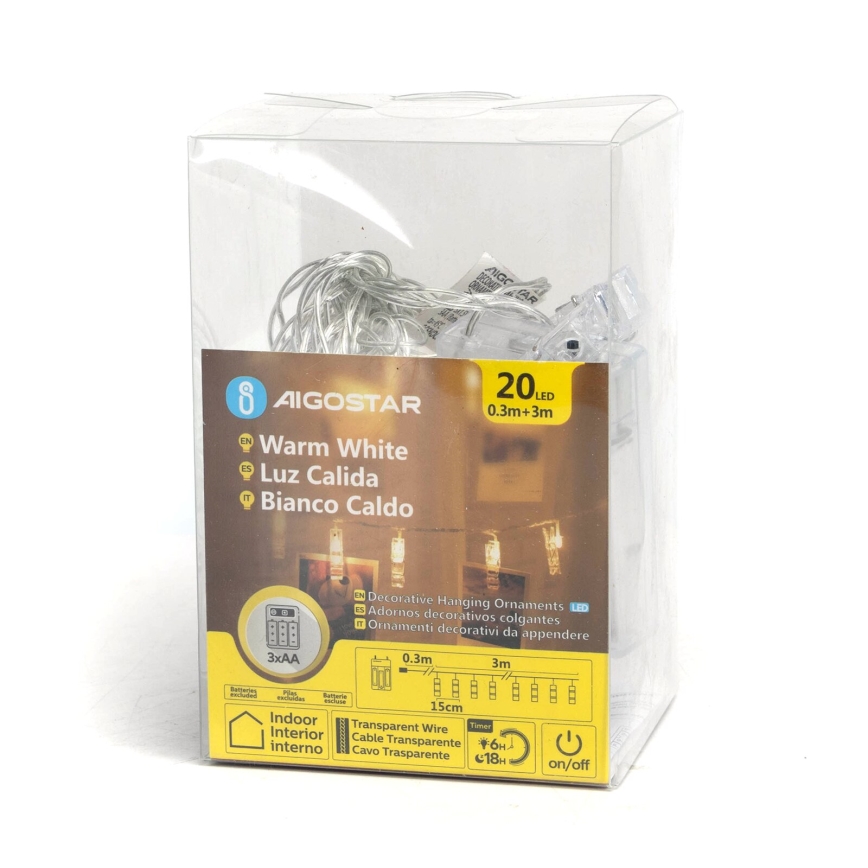 Aigostar - LED-decoratiesnoer met knijpers 20xLED/3xAA 3,3m warm wit