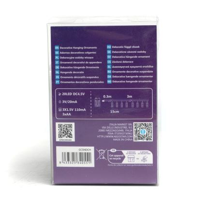 Aigostar - LED-decoratiesnoer met knijpers 20xLED/3xAA 3,3m warm wit