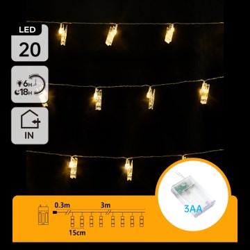 Aigostar - LED decoratieve lichtslinger met knijpers 20xLED/3xAA 3,3m warm wit