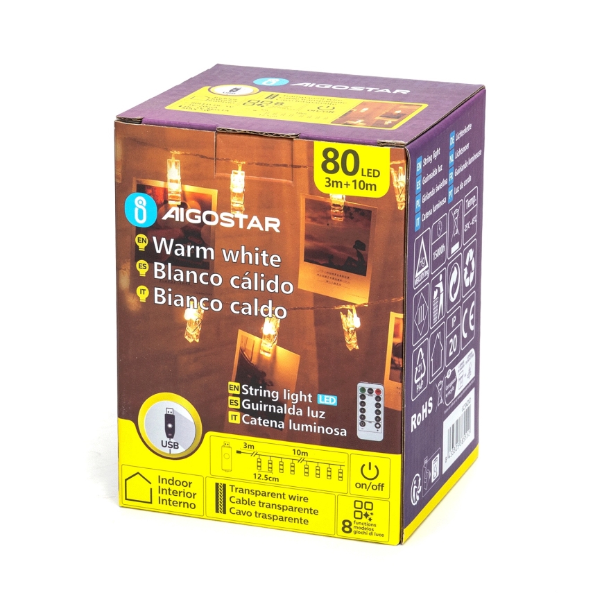 Aigostar - LED-decoratieve lichtsnoer 80xLED/5W/USB 13 m warm wit