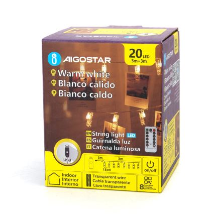 Aigostar - LED decoratieve slinger 20xLED/5W/USB 6 m warm wit