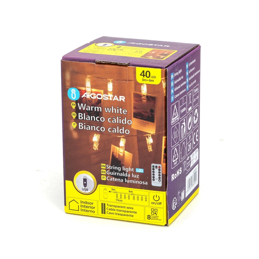 Aigostar - LED decoratieve slinger 40xLED/5W/USB 9 m warm wit