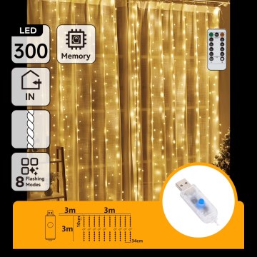 Aigostar - LED dimbaar kerstlichtsnoer 300xLED/8 functies USB 6x3m warm wit + afstandsbediening